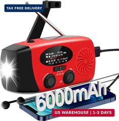 6000mAh/22200mWh Emergency Weather Radio, AM/FM/NOAA Hand Crank Solar Powered Ra