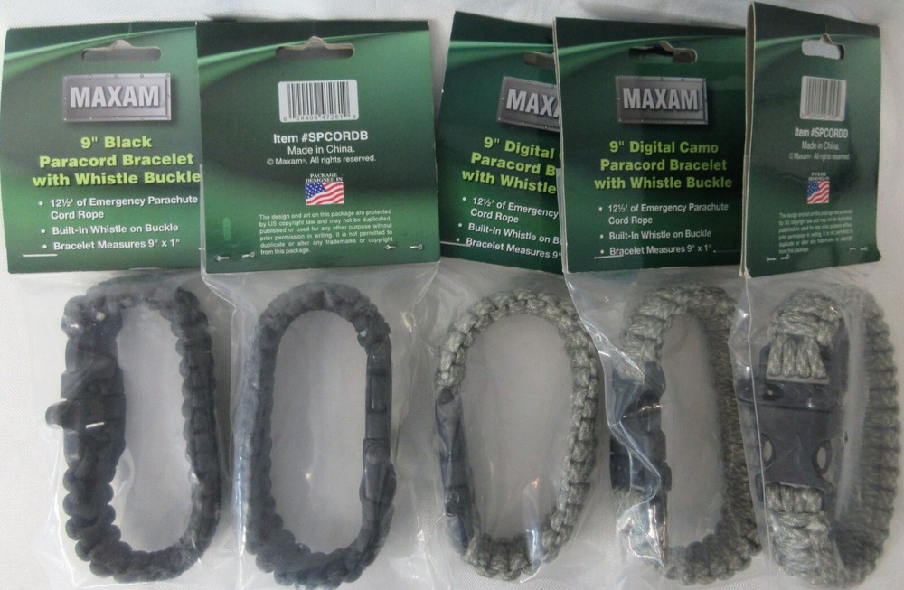 9″ Paracord Survival Bracelet Emergency Whistle Camouflage & Black Lot of 5