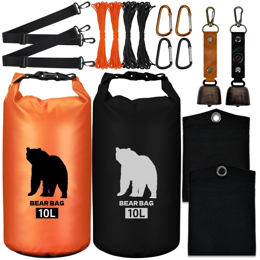 Hlimior 2 Pcs 10L waterproof bear bags with 4 nylon ropes, 4 clips & 2 rock p…