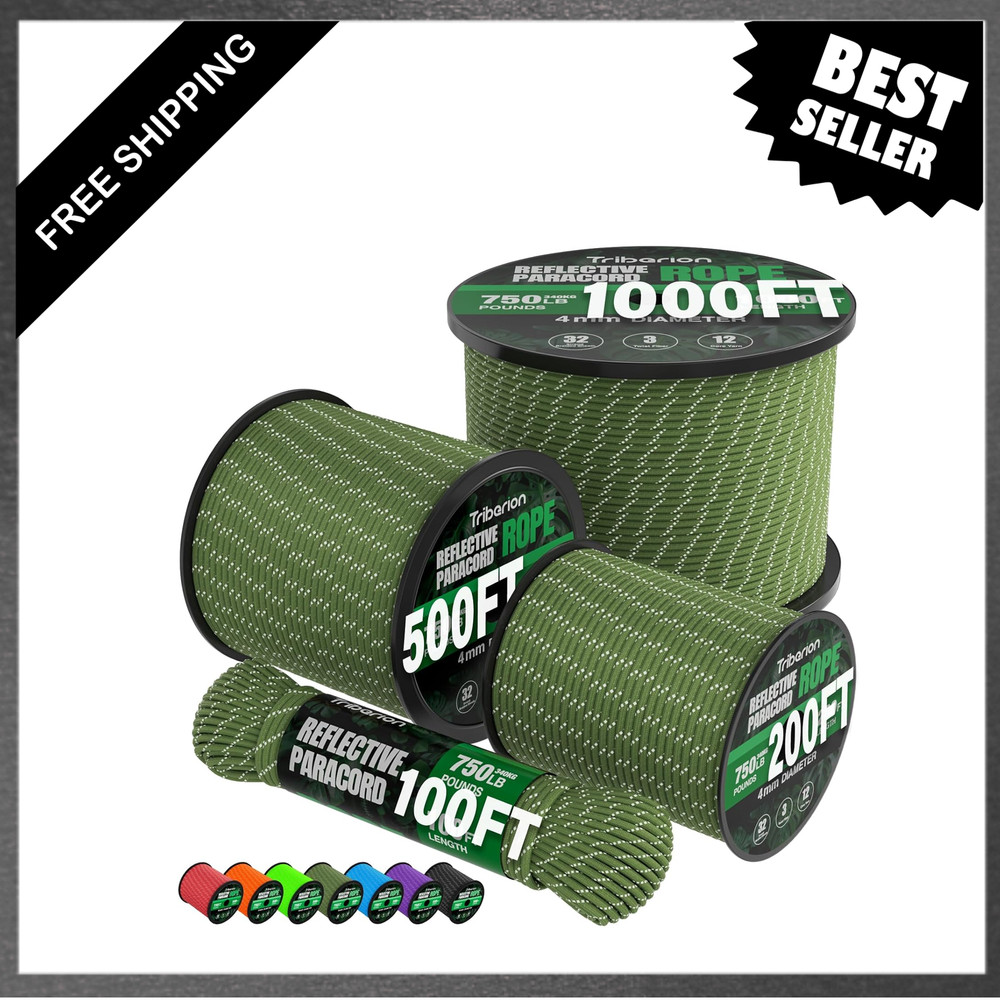Reflective Paracord Rope 750 lb, 50ft, 4mm, 12-Strand, Parachute Cord, Heavy