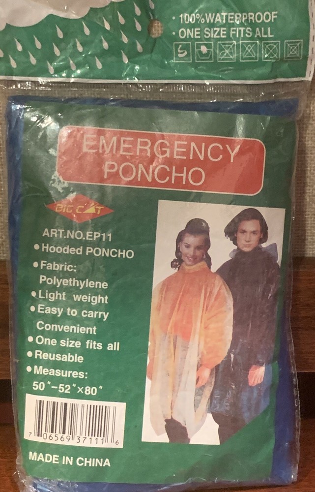 EMERGENCY BLUE HOODED RAIN PONCHO 52”X80”-ONE SIZE FITS MOST-100% WATERPROOF-NEW