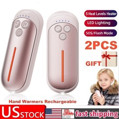 2PCS Pocket Rechargeable Hand Warmers 5 Heating LED/SOS/Strobe In/Outdoor Gift