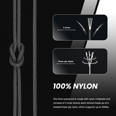 Abma Cord 2Mm Paracord 100Ft Nylon Rope 3 Strands Type I Cord for DIY, Camping,