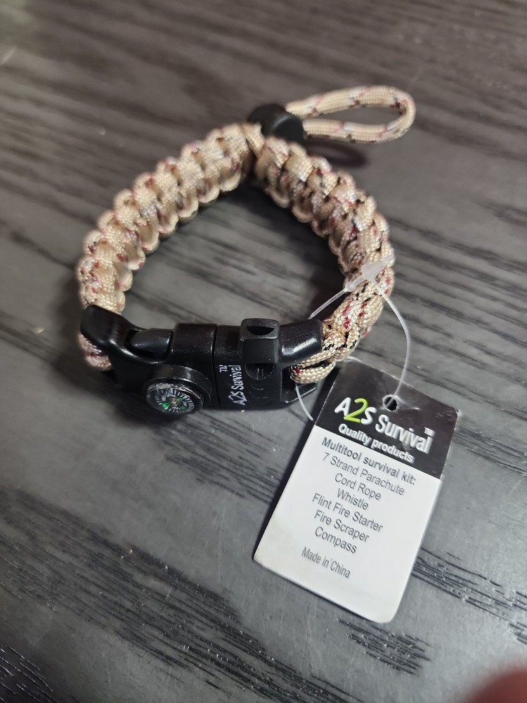 A2S Tan Survival Bracelet Outdoor Paracord Compass Scraper Whistle Fire Starter