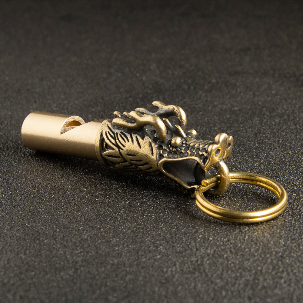 Retro Brass Dragon Head Emergency Whistle Outdoor Survival Safety KeyChain EDC