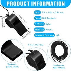 Black Emergency Whistles with Lanyard, Loud Crisp Sound Plastic Whistles Bulk