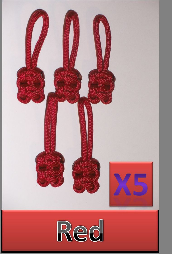 5 Lot 550 Paracord Zipper Pull / KeyChains ~2.5″ – RED