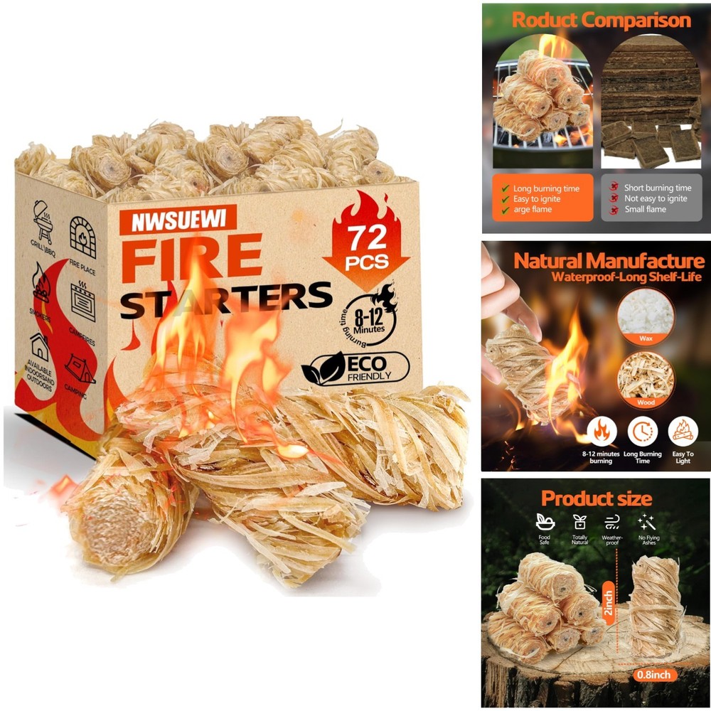 72PCS Waterproof Fire Starters Natural Wood Charcoal BBQ Grill Camping Fire Pit