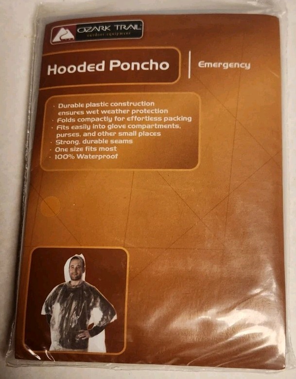 Ozark Trail Hooded Emergency Poncho Durable Plastic 100% Waterproof #WM836 NEW