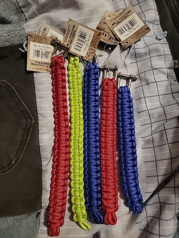 4 MILTECH PARACORD BRACELET. RED, BLUE, NEON. 1XL, 1 LARGE, 1 MEDIUM, 1 SMALL