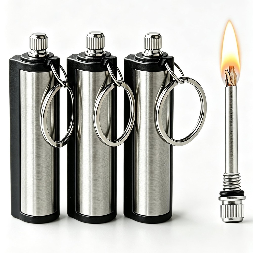 3 Pack Permanent Match Matchstick Fire Starter Keychain Flint Metal Lighter