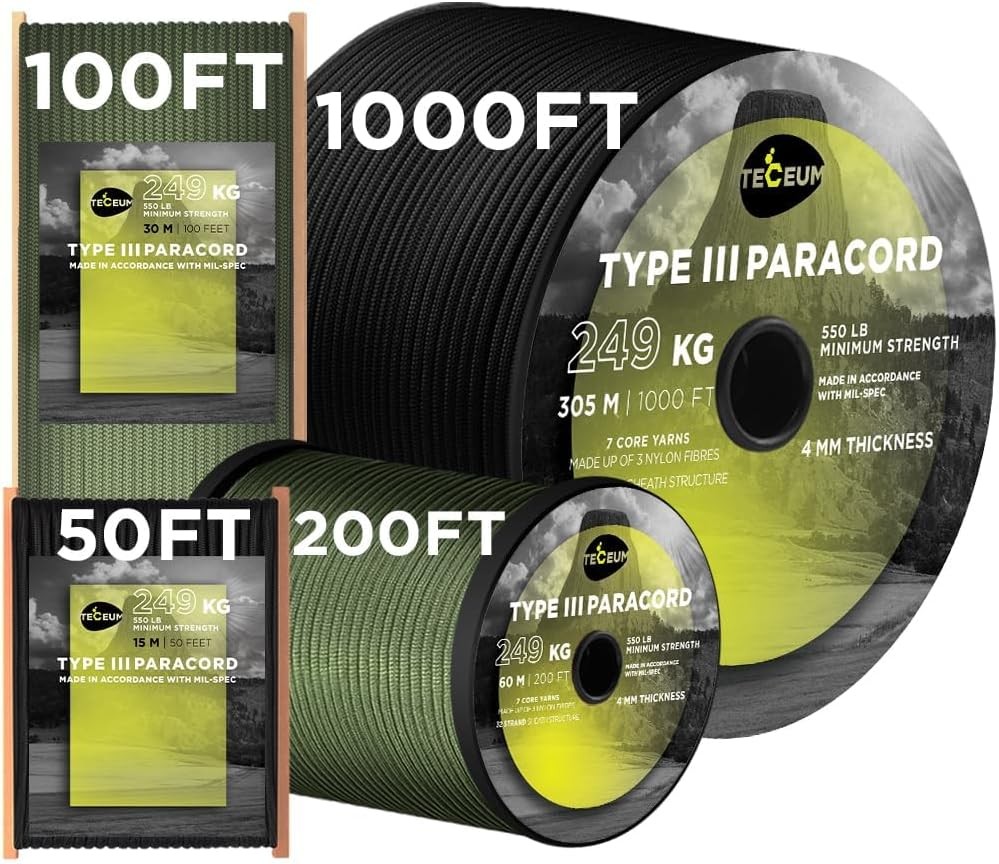 TECEUM 5/32″ Paracord Rope 1000 – 1000ft / 200ft / 100ft / 50ft