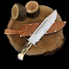 Custom Hunting Bowie Knife Antler Handle Mirror Polish Blade with Leather Sheath
