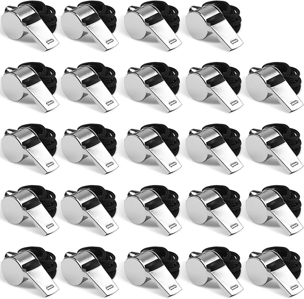 24 PCS Stainless Steel Sports Whistles w/Lanyards Loud Coach Referee Bulk Silver