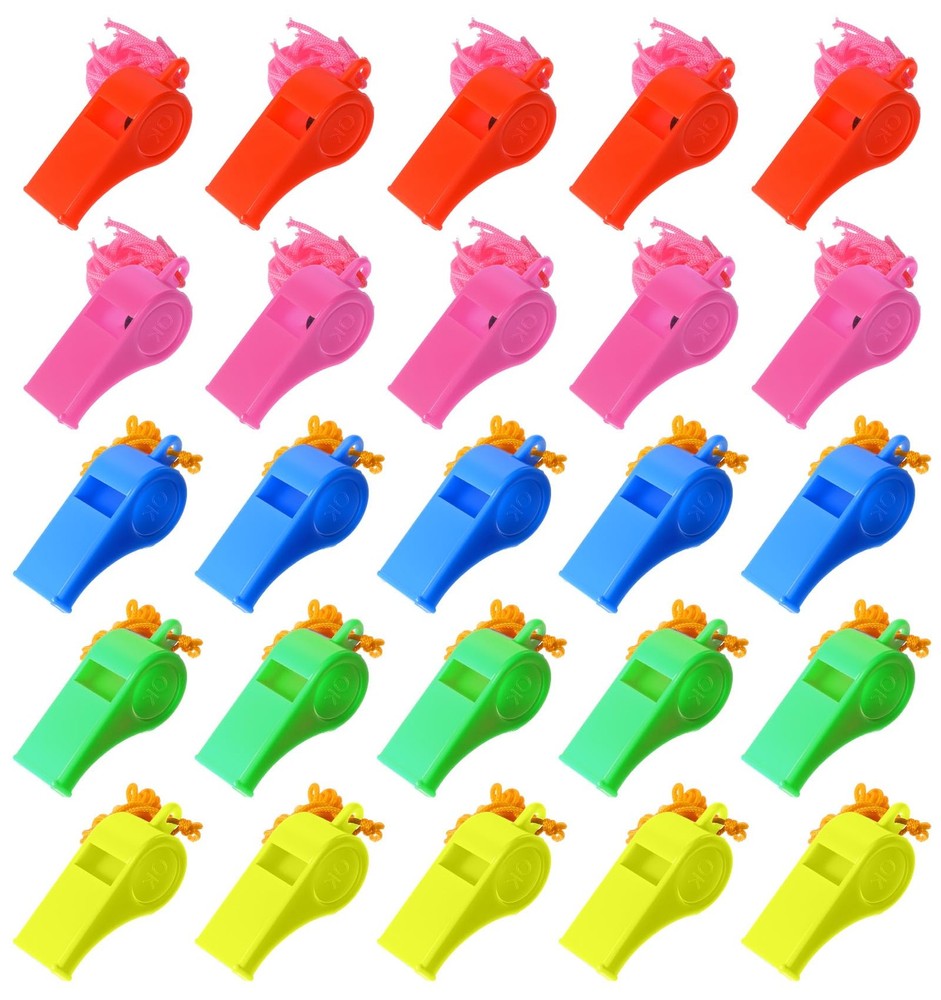 25 Pcs Multicolor Plastic Whistles with Lanyard for Outdoor Coach Training