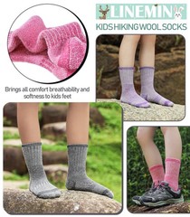 LINEMIN Kids Merino Wool Hiking Socks Boys Girls 4-7 Years, Purple/Pink/Gray