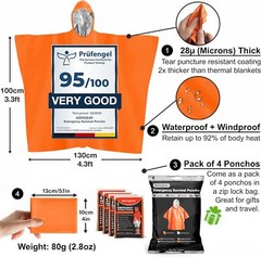 4pc, Emergency Survival Poncho Thermal Mylar Foil Coating Blanket for Heat Rete