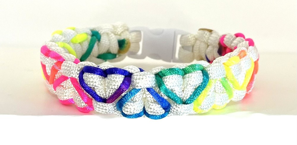 WHITE PARACORD BRACELET w/ RAINBOW HEARTS