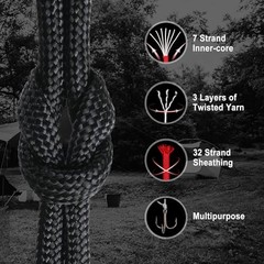 Paracord Rope, 7 Strand Type III Parachute Cord 4mm 100ft / 200ft 100 ft Black