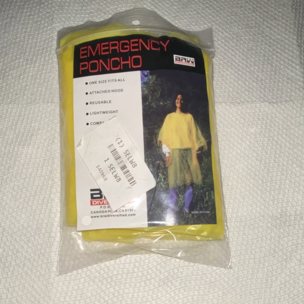 BRW Diversified Emergency Poncho Yellow Reusable Lightweight Attached Hood