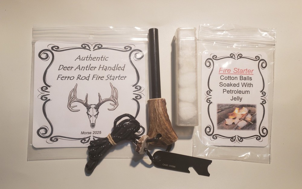 Authentic Deer Antler Handled Ferro Rod Fire Starter Petroleum Balls & Free Gift