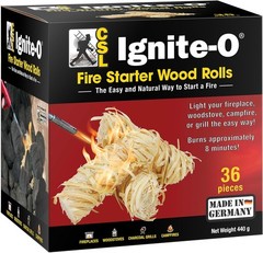 Ignite-O Fire Starter Natural Wood Rolls 36 Pieces Made in Germany Sustainably