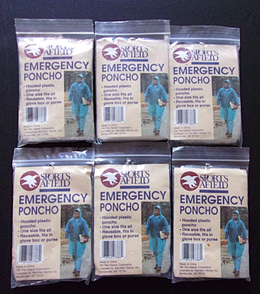 6 Emergency Hooded Rain Poncho Disposable Camping Outdoor Sport One Size NIP