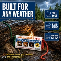 Pull Start Fire Starter, String, No Matches, Lights Wet 3 Count, White