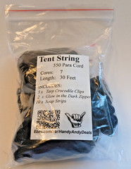 Tent String Kit, 550 Para Cord 30 Feet +Tarp Clips + Glow Zippers + Soap Sheets