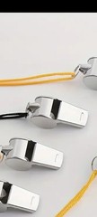 METALLIC WHISTLE WITH A CORD PACK OF 6 , 6 PIECES, OUTDOOR ACTIVITY SPORT GAMES.