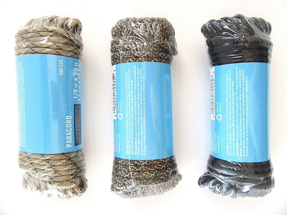 3-PACK Paracord (50 ft. each) Tan, Green, Black
