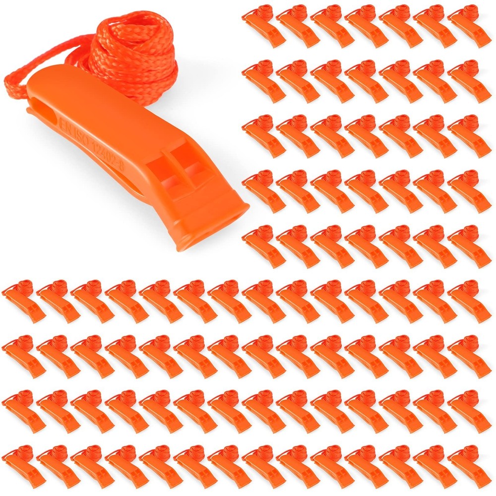 100 Pieces Emergency Whistles with Lanyard Safety Survival Whistles Loud Blas…
