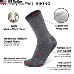 Busy Socks Mens Merino Wool Hiking Crew Large-X-Large, 3 Pairs Light Grey