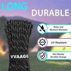 VVAAGG Reflective Paracord, 550 Parachute Cord, 4MM 7 Strand 100FT, Black