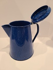 BLUE ENAMELWARE 10″ CAMPING COFFEE POT SMALL COOKING POTS LADLE & SAUCE – USED
