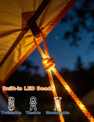 660 LB Strength Camping Rope, 12FT Paracord, 2-In-1 LED Light Guy Line | 30 Leds