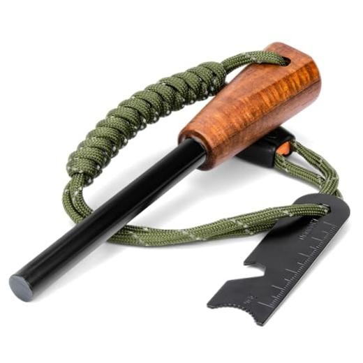Fire Starter Survival Tool – Handmade Wooden Handle 3/8″» Thick Ferro Rod Green