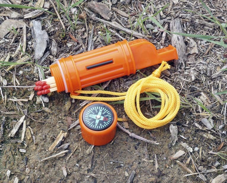 5in1 Camping Survival Whistle Compass Fire Starter Storage Container Mirror