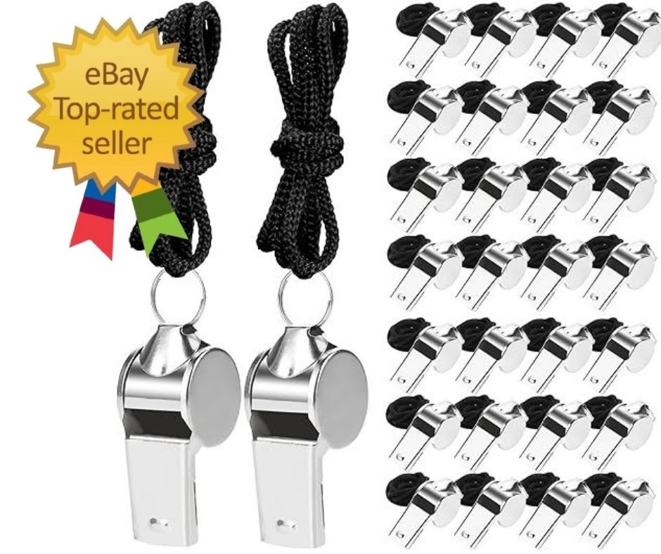 100 Pcs Stainless Steel Whistle with Lanyard, Sports Whistles Black Lanyard