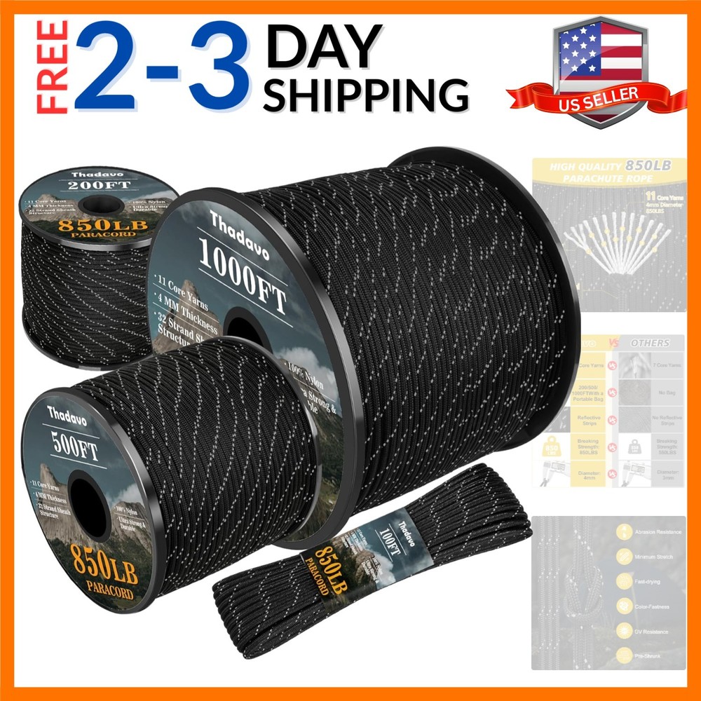Reflective Paracord Rope 850Ib, 50/100/200/500/1000ft 4MM 11 Strand para Cord…