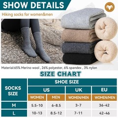 Eocom Merino Wool Hiking Socks for Large, Black/Light Grey/Grey/Khaki/Brown
