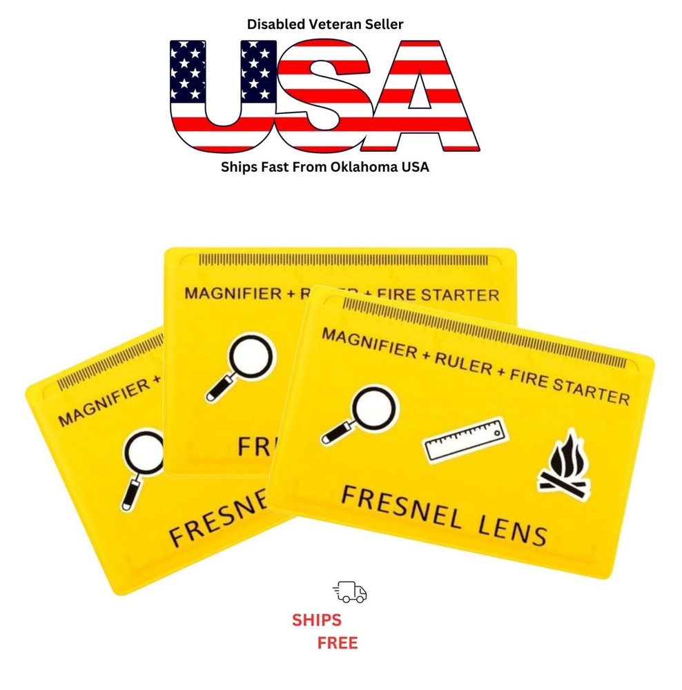 3 Pack Emergency Firestarter Credit Card Fresnel Lens YELLOW Protective Sleeve