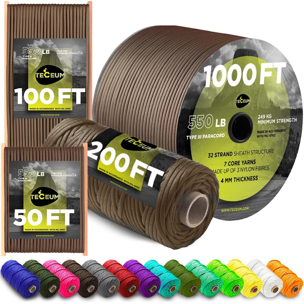 Teceum Paracord Type Iii 550 Copper Brown 50 Ft 4Mm Tactical Rope Mil-Spec