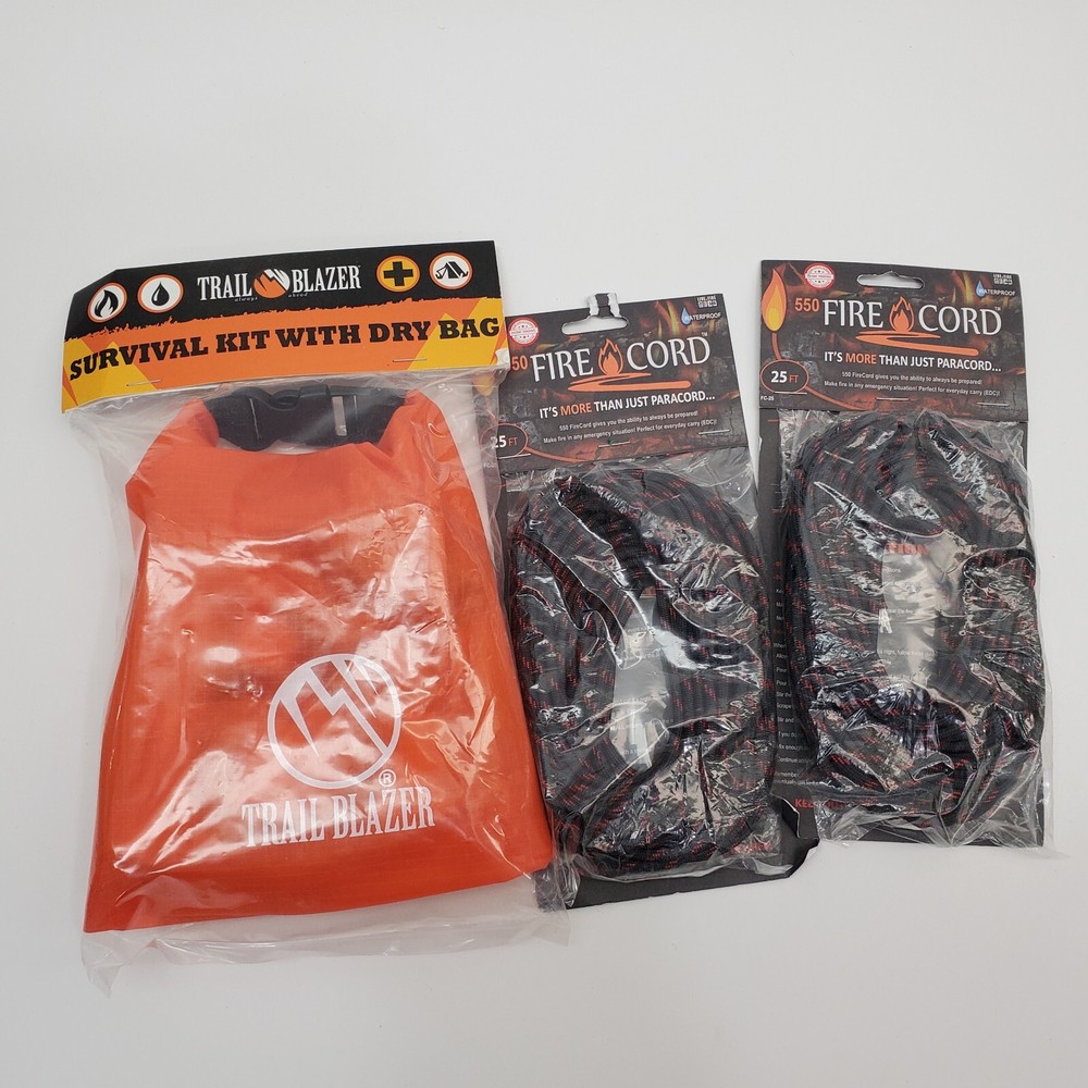 Lot TRAIL BLAZER Survival Kit w/ Dry Bag & 2 FIRE CORD Paracord Fire Emergency