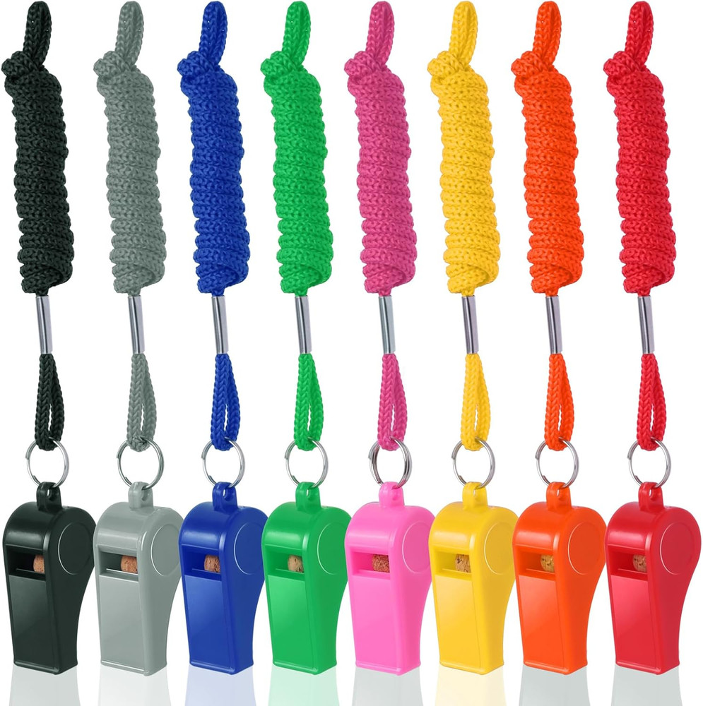 8-Pack Colorful Plastic Whistles with Lanyards – 120Db Loud Sports Whistles for