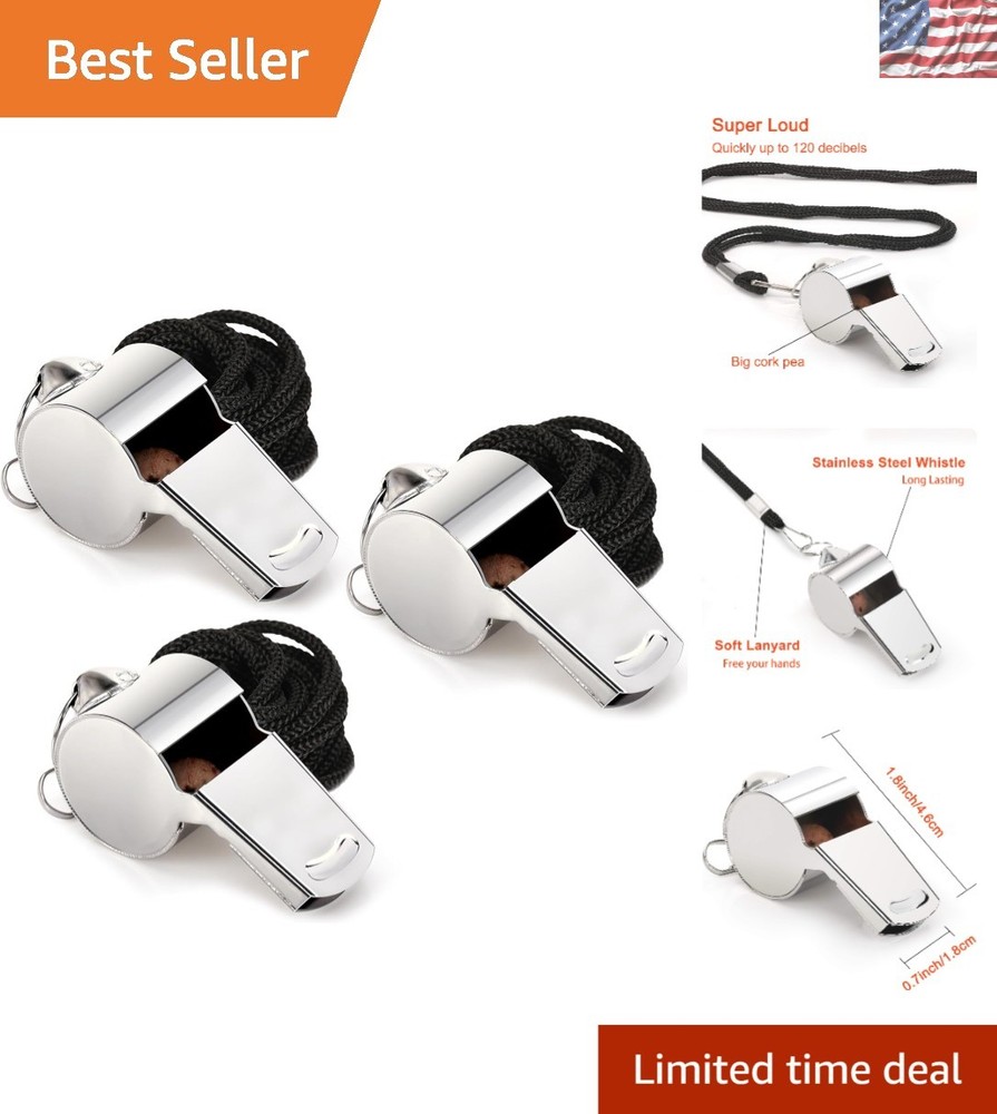 Loud Stainless Steel Whistle with Lanyard – 3-Piece Set for Coaches & Referees