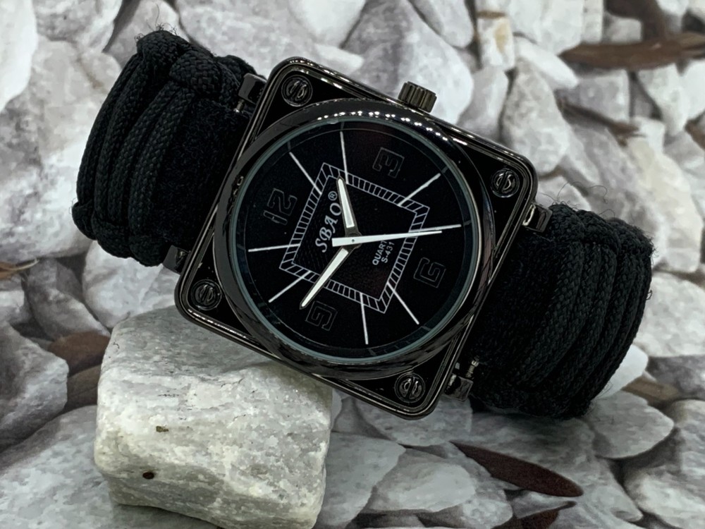 3 in 1 Survival Black Analog Watch Black Adjustable Paracord Strap Whistle