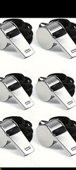 METALLIC WHISTLE WITH A CORD PACK OF 6 , 6 PIECES, OUTDOOR ACTIVITY SPORT GAMES.