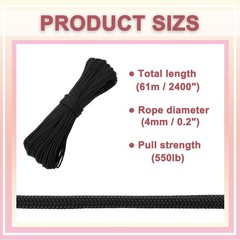 Paracord rope 550lb 60m, for tent 4mm 7 fibers black for hiking