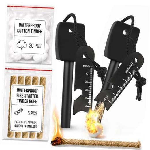 27-Piece Ferro Rod Fire Starter Survival Kit with Striker & Ropes | 20 Black